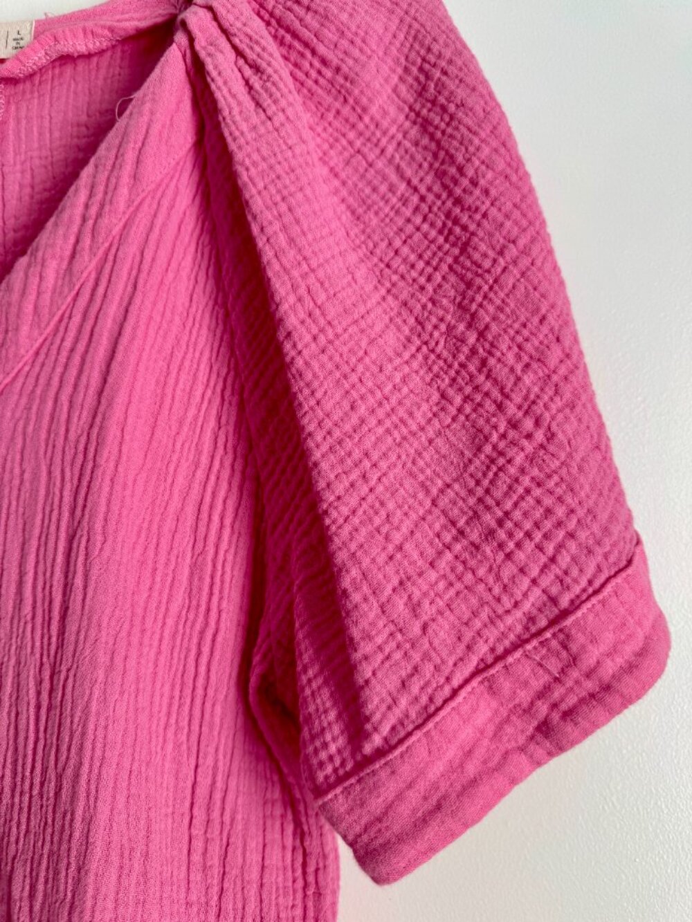 New In Pink Tiered Mini Dress V-Neck Short Sleeve Gauze Babydoll Boho Large - Picture 5 of 9